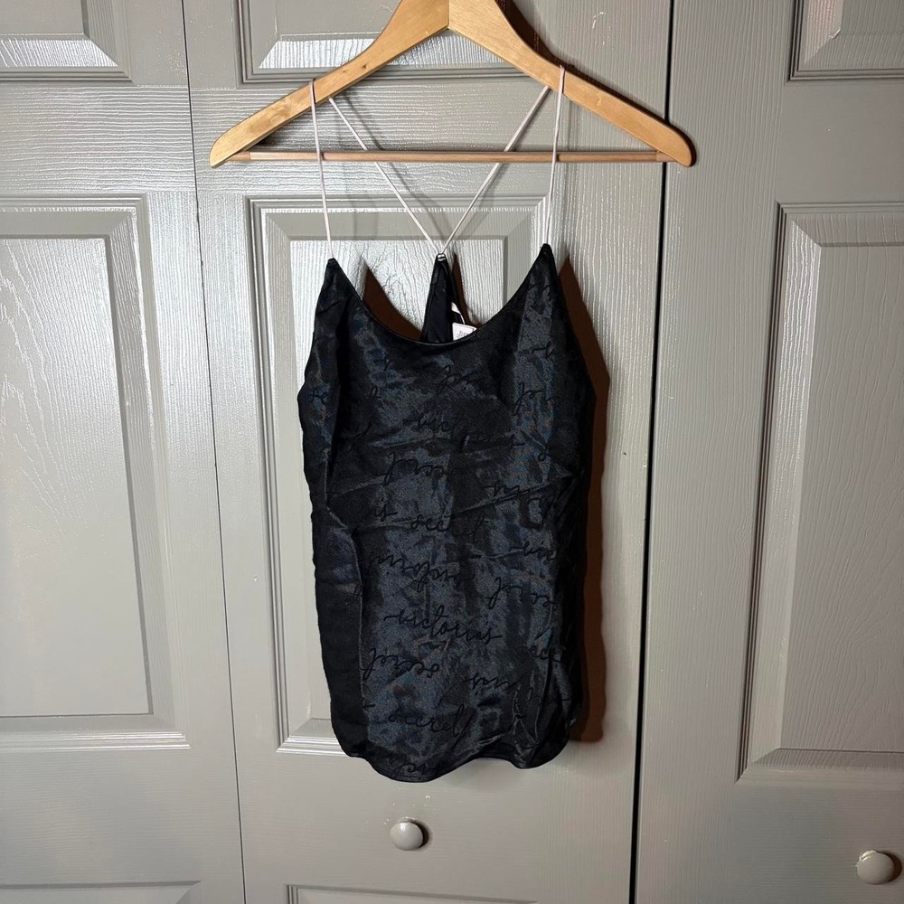 Victoria Secret Black Silk Lace Blouse Y2K Logo Script Slip Top Women Small